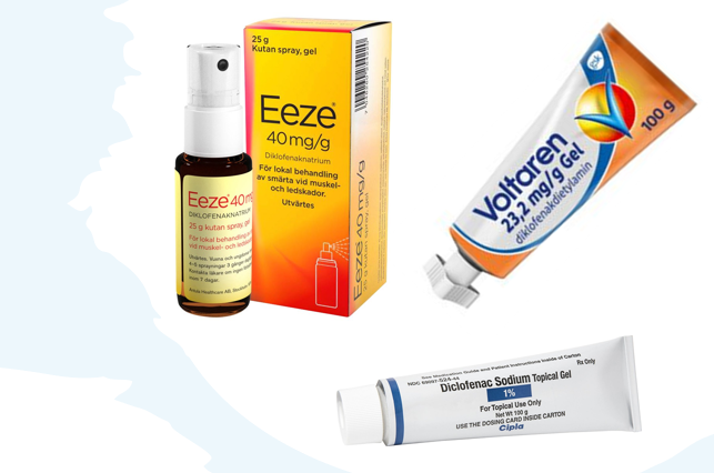 Tre förpackningar med smärtstillande läkemedel innehållande diklofenak. Voltaren, Eeze och Diclofenac Sodium