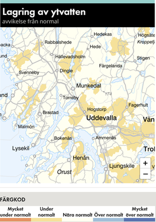 Karta över Uddevalla, Munkedal, Färgelanda och Sotenäs om lagring av ytvatten. 